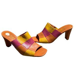 Vintage 90s leather color blocked short heel slide ons